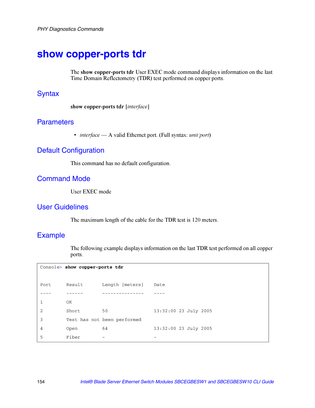 Intel SBCEGBESW10 CLI manual Show copper-ports tdr interface, User Exec mode, Console show copper-ports tdr 