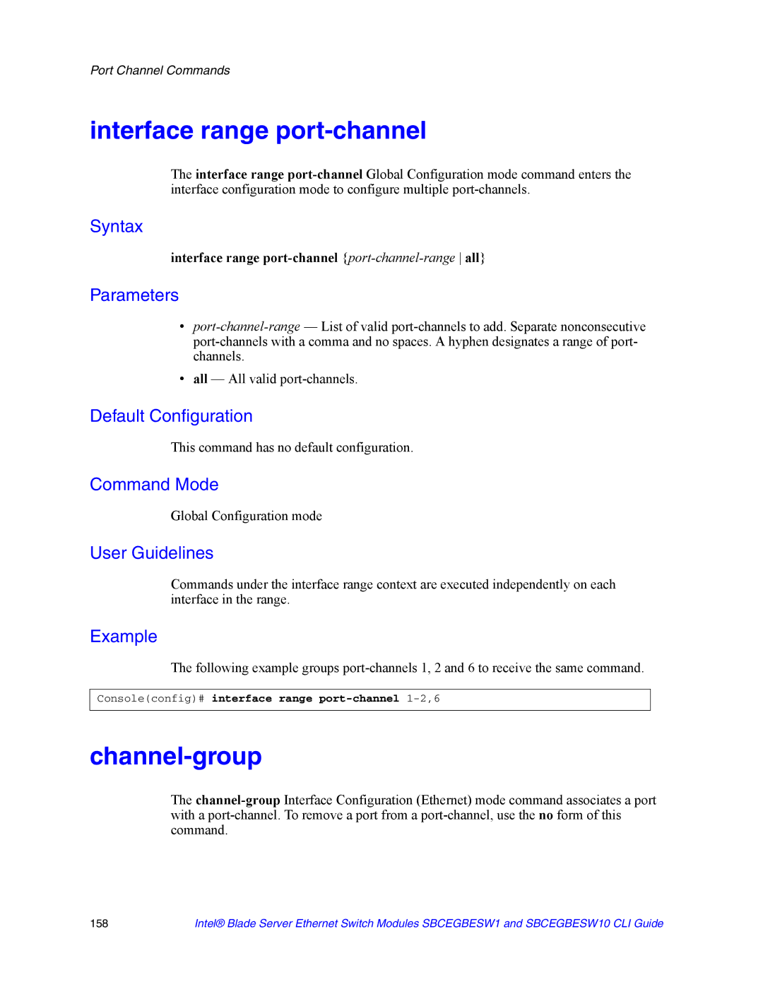 Intel SBCEGBESW10 CLI manual Channel-group, Interface range port-channel port-channel-rangeall 