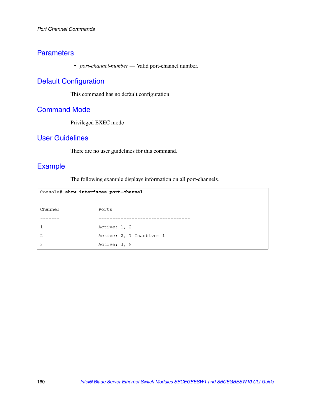 Intel SBCEGBESW1 manual Following example displays information on all port-channels, Console# show interfaces port-channel 