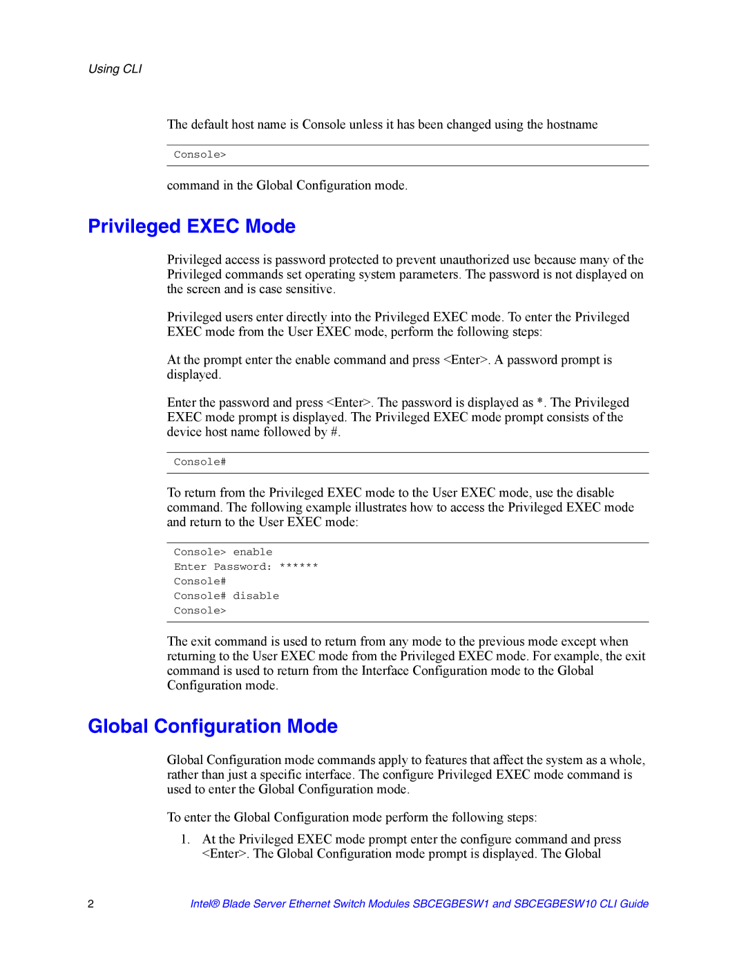 Intel SBCEGBESW10 CLI manual Privileged Exec Mode, Command in the Global Configuration mode 