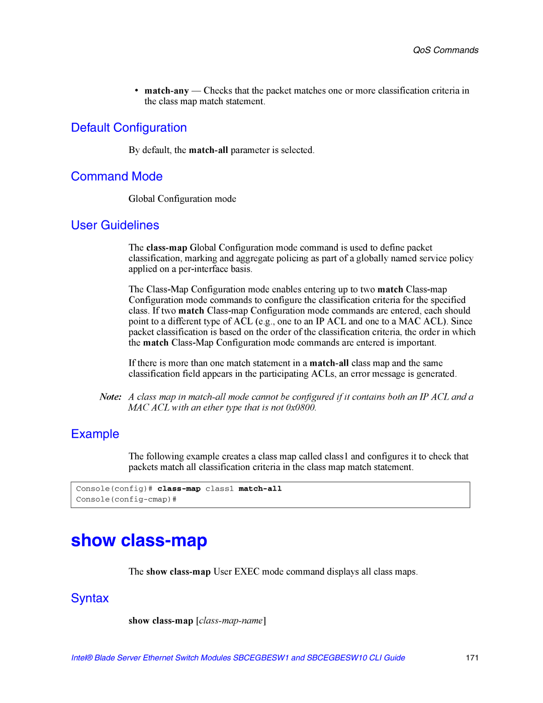 Intel SBCEGBESW10 CLI manual By default, the match-allparameter is selected, Show class-map class-map-name 