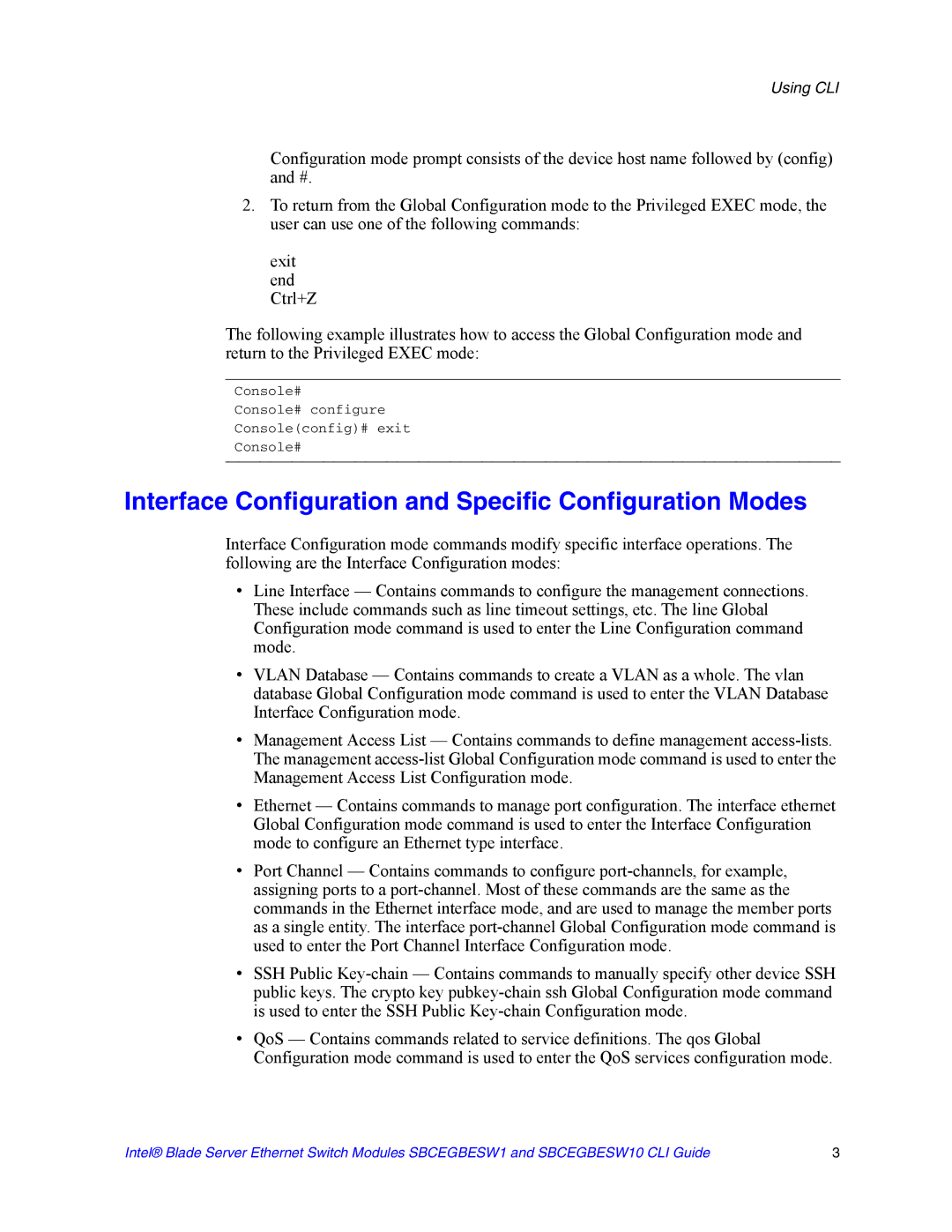 Intel SBCEGBESW10 CLI manual Interface Configuration and Specific Configuration Modes 