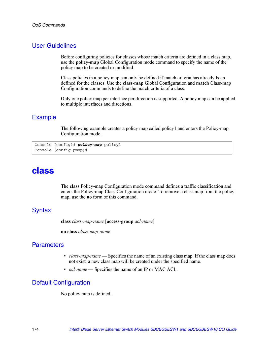 Intel SBCEGBESW10 CLI manual Class, No policy map is defined 