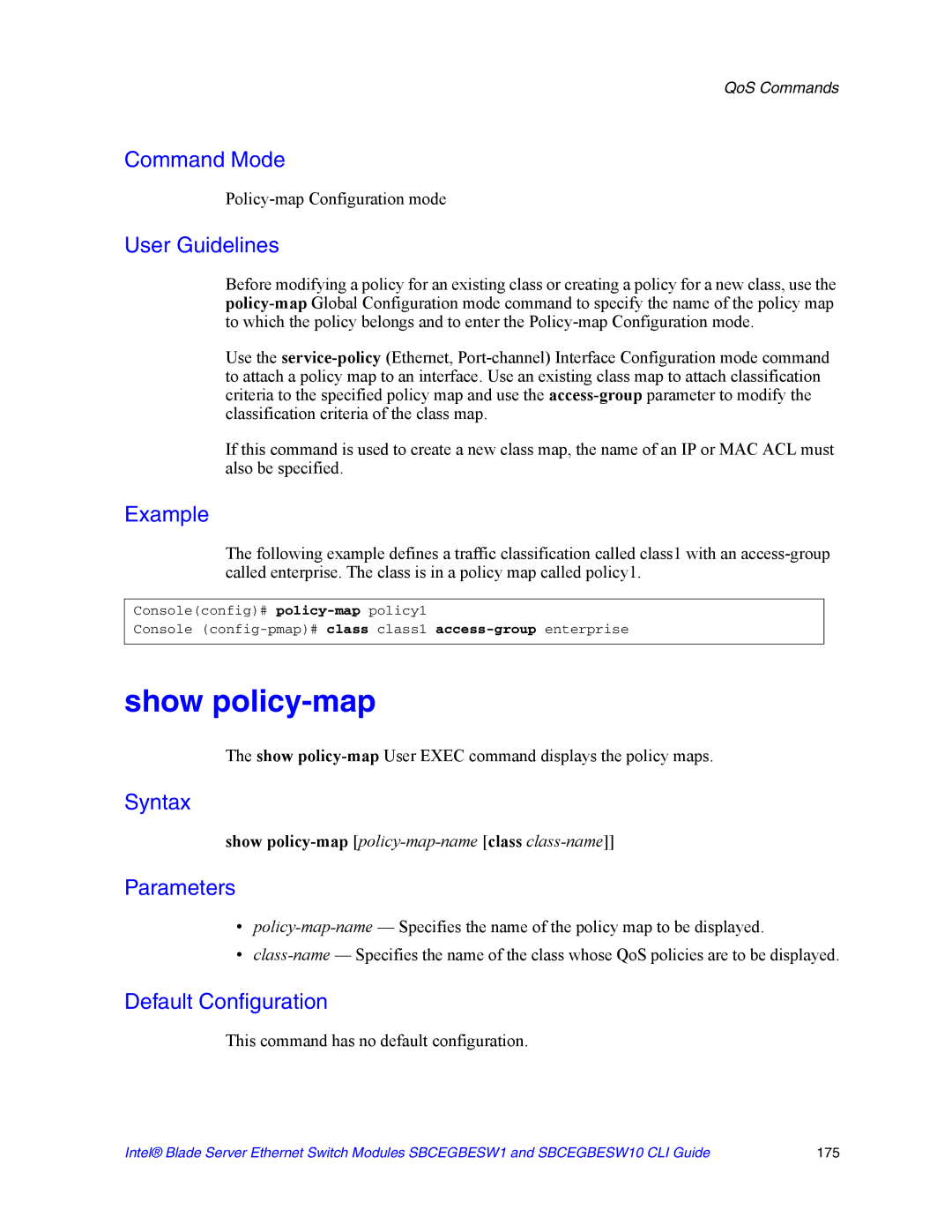 Intel SBCEGBESW10 CLI manual Show policy-map, Policy-map Configuration mode 