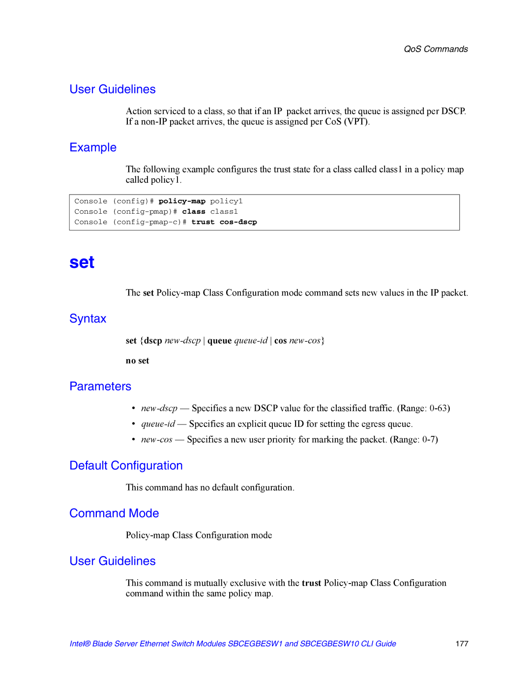 Intel SBCEGBESW10 CLI manual Set, No set 