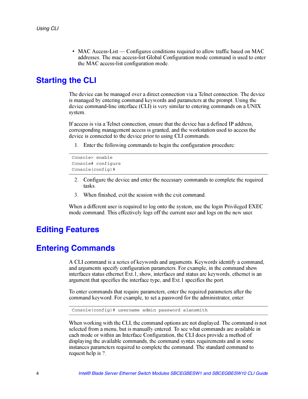 Intel SBCEGBESW10 CLI manual Starting the CLI 