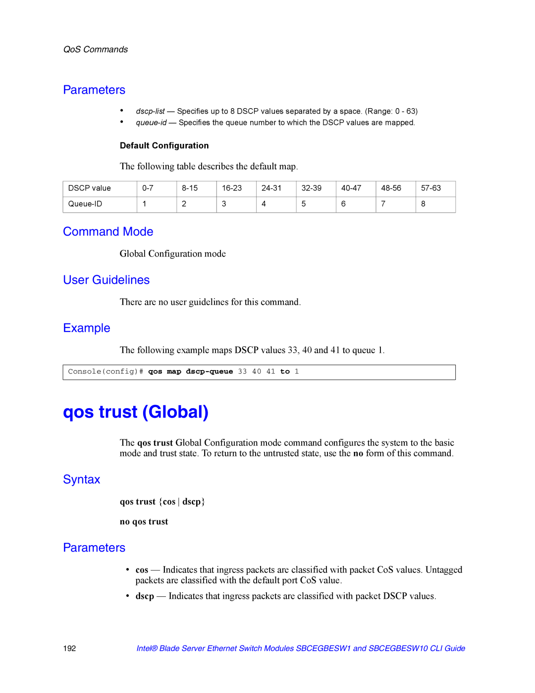 Intel SBCEGBESW1 manual Qos trust Global, Following table describes the default map, Qos trust cos dscp no qos trust 