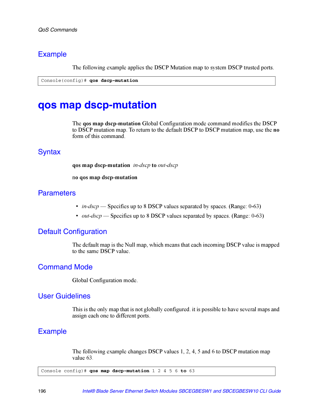 Intel SBCEGBESW10 CLI manual Qos map dscp-mutation 