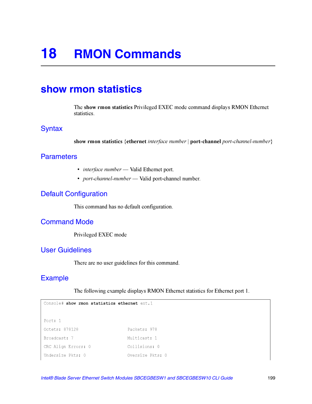 Intel SBCEGBESW10 CLI manual Rmon Commands, Show rmon statistics, Console# show rmon statistics ethernet ext.1 