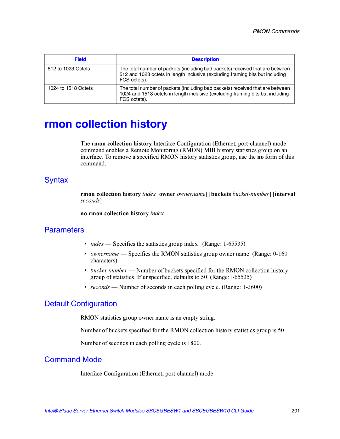 Intel SBCEGBESW10 CLI manual Rmon collection history, Interface Configuration Ethernet, port-channel mode 