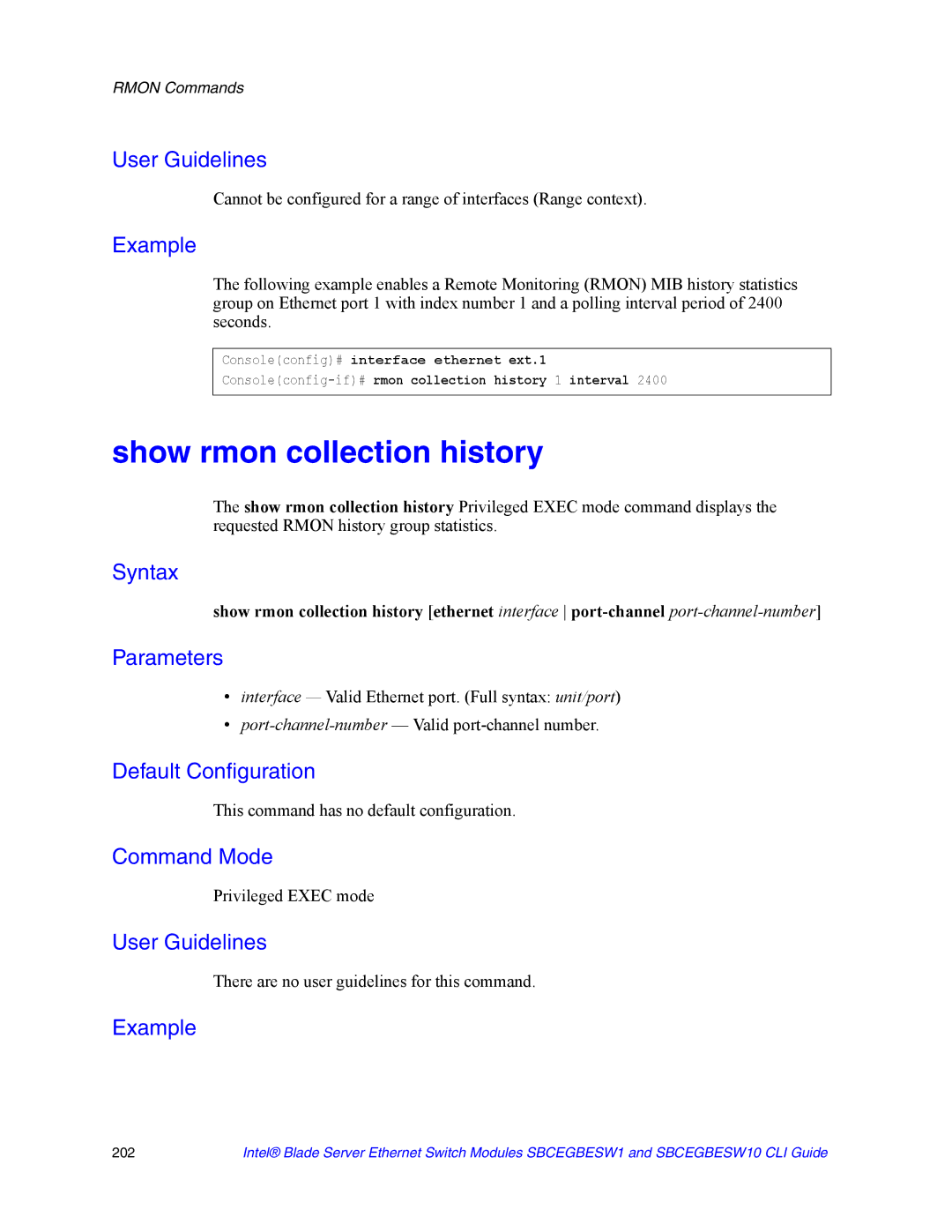 Intel SBCEGBESW1 manual Show rmon collection history, Cannot be configured for a range of interfaces Range context 
