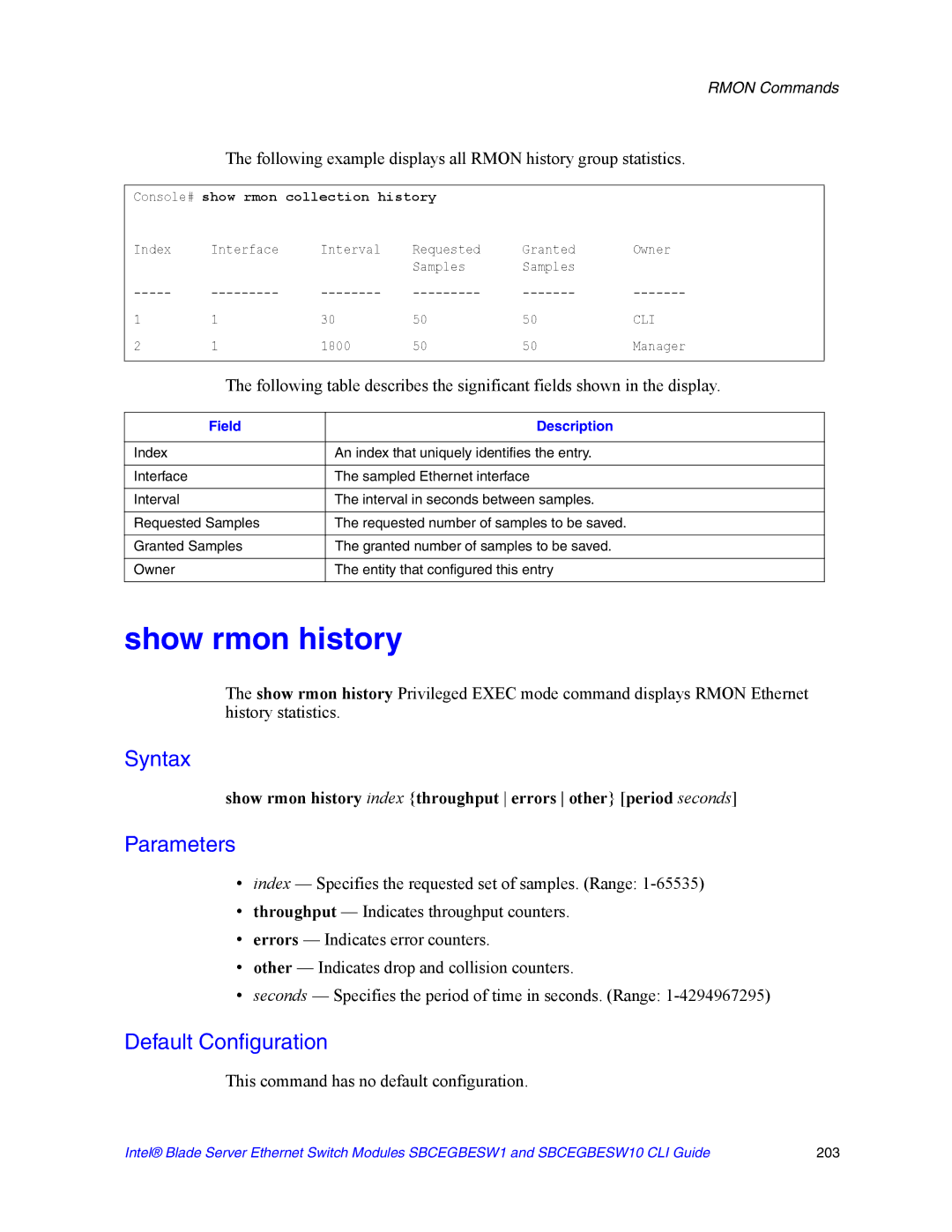 Intel SBCEGBESW10 CLI manual Show rmon history, Console# show rmon collection history 