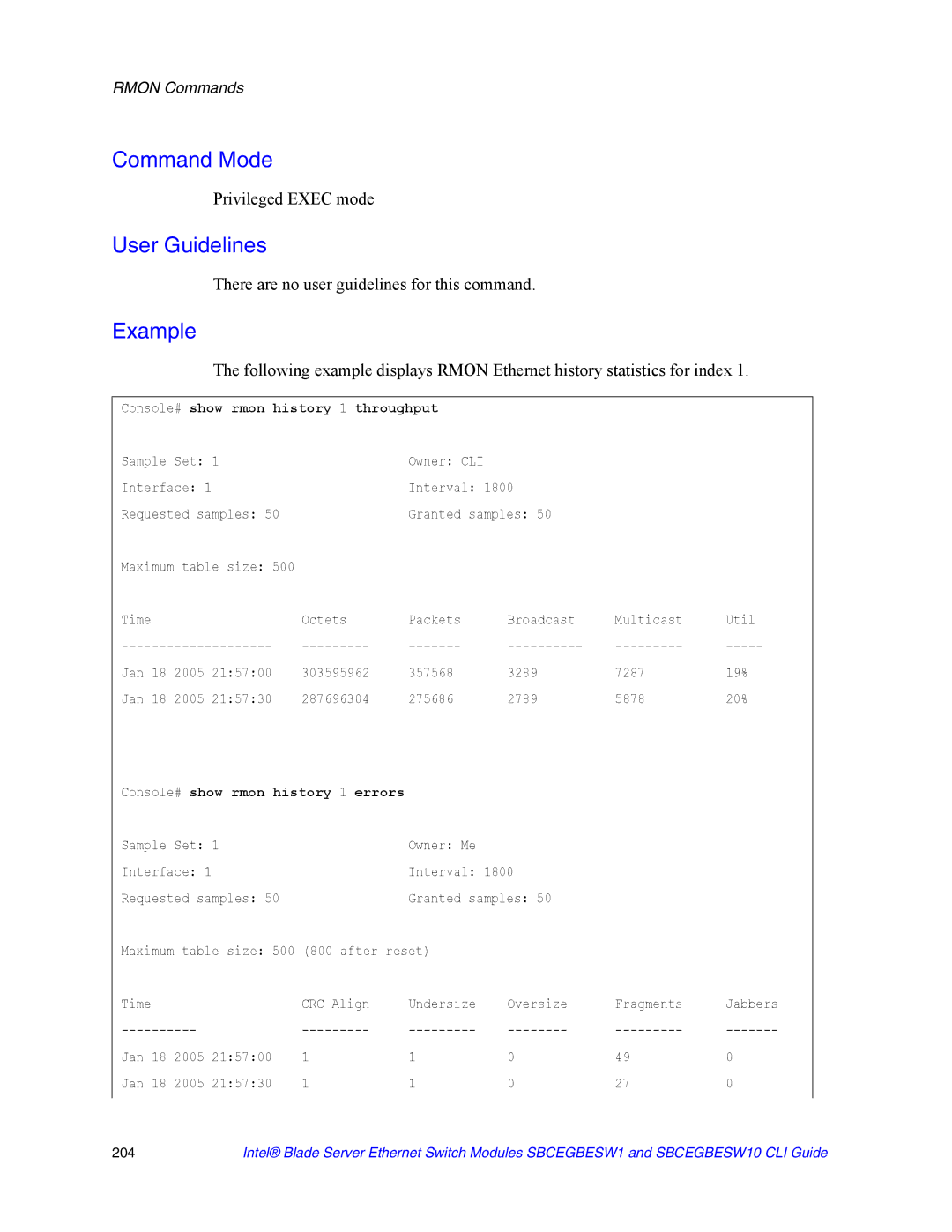 Intel SBCEGBESW10 CLI manual Console# show rmon history 1 throughput, Console# show rmon history 1 errors 