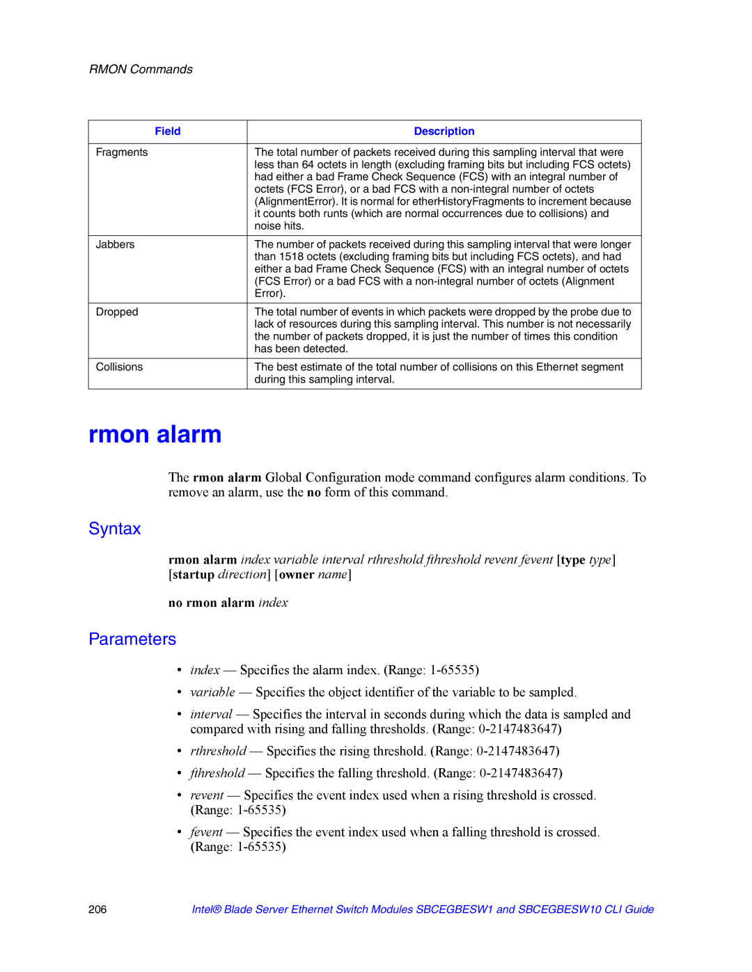 Intel SBCEGBESW10 CLI manual Rmon alarm, No rmon alarm index 