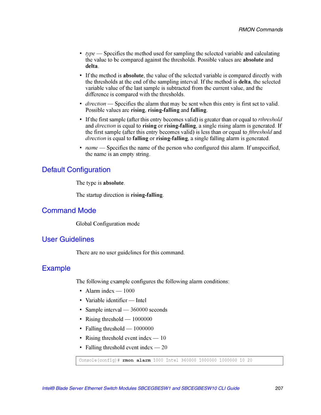 Intel SBCEGBESW10 CLI manual Type is absolute Startup direction is rising-falling, Global Configuration mode 