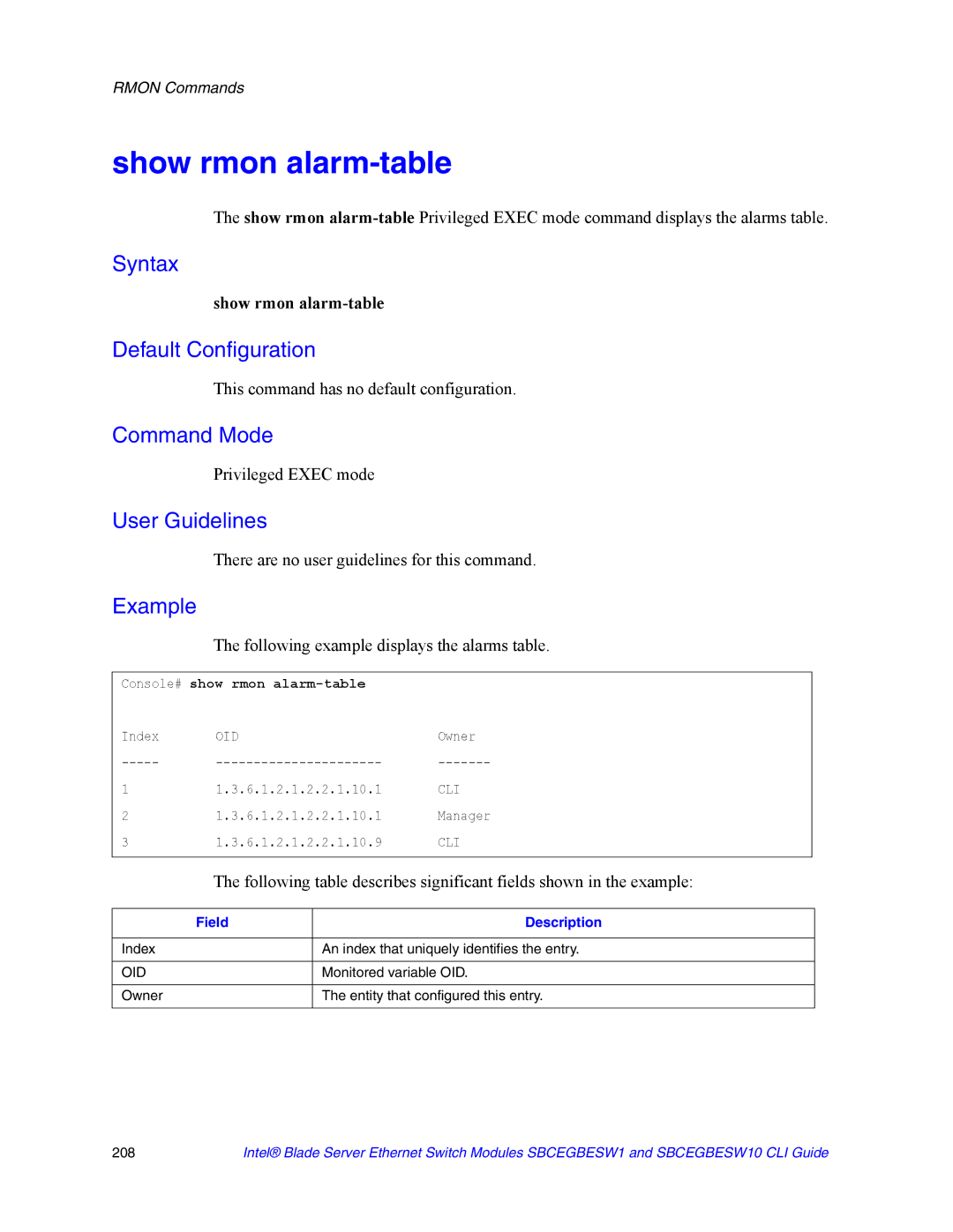 Intel SBCEGBESW1 manual Show rmon alarm-table, Following example displays the alarms table, Console# show rmon alarm-table 