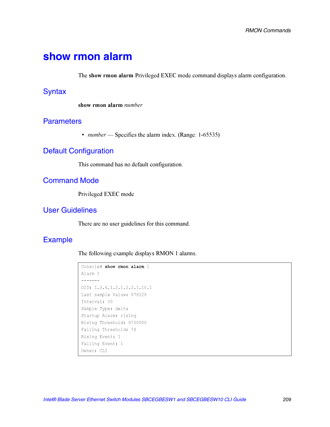 Intel SBCEGBESW10 CLI manual Show rmon alarm number, Number Specifies the alarm index. Range 