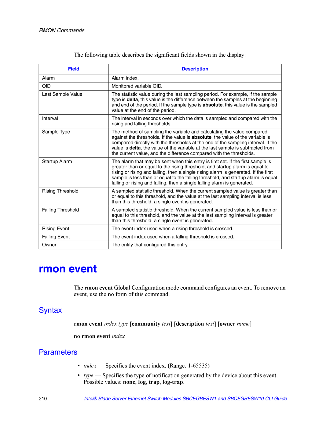 Intel SBCEGBESW10 CLI manual Rmon event, Last Sample Value 