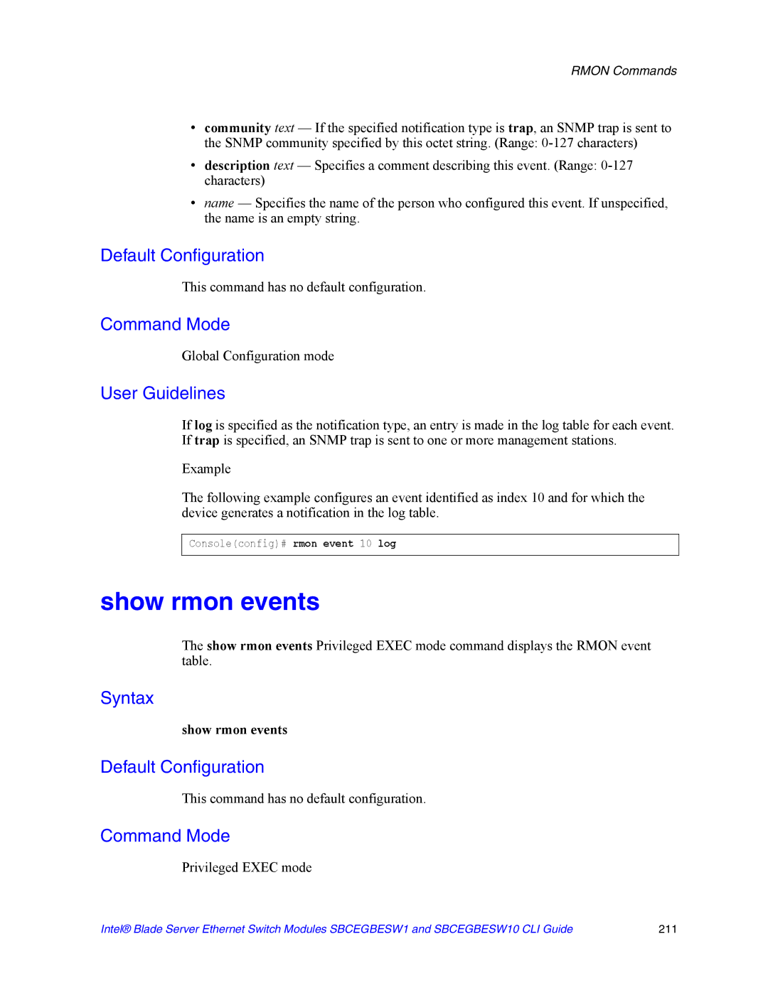 Intel SBCEGBESW10 CLI manual Show rmon events 