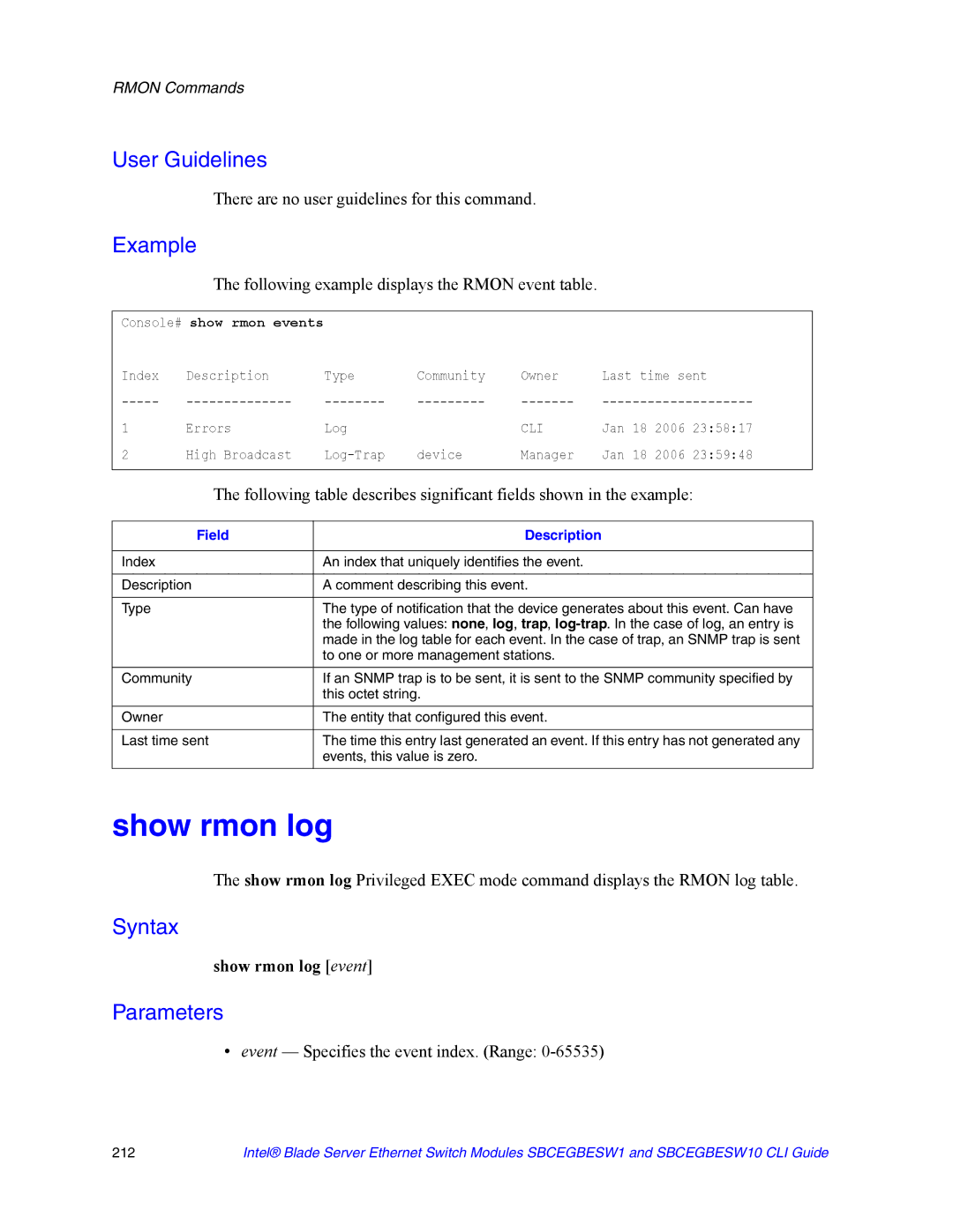 Intel SBCEGBESW10 CLI manual Following example displays the Rmon event table, Show rmon log event 