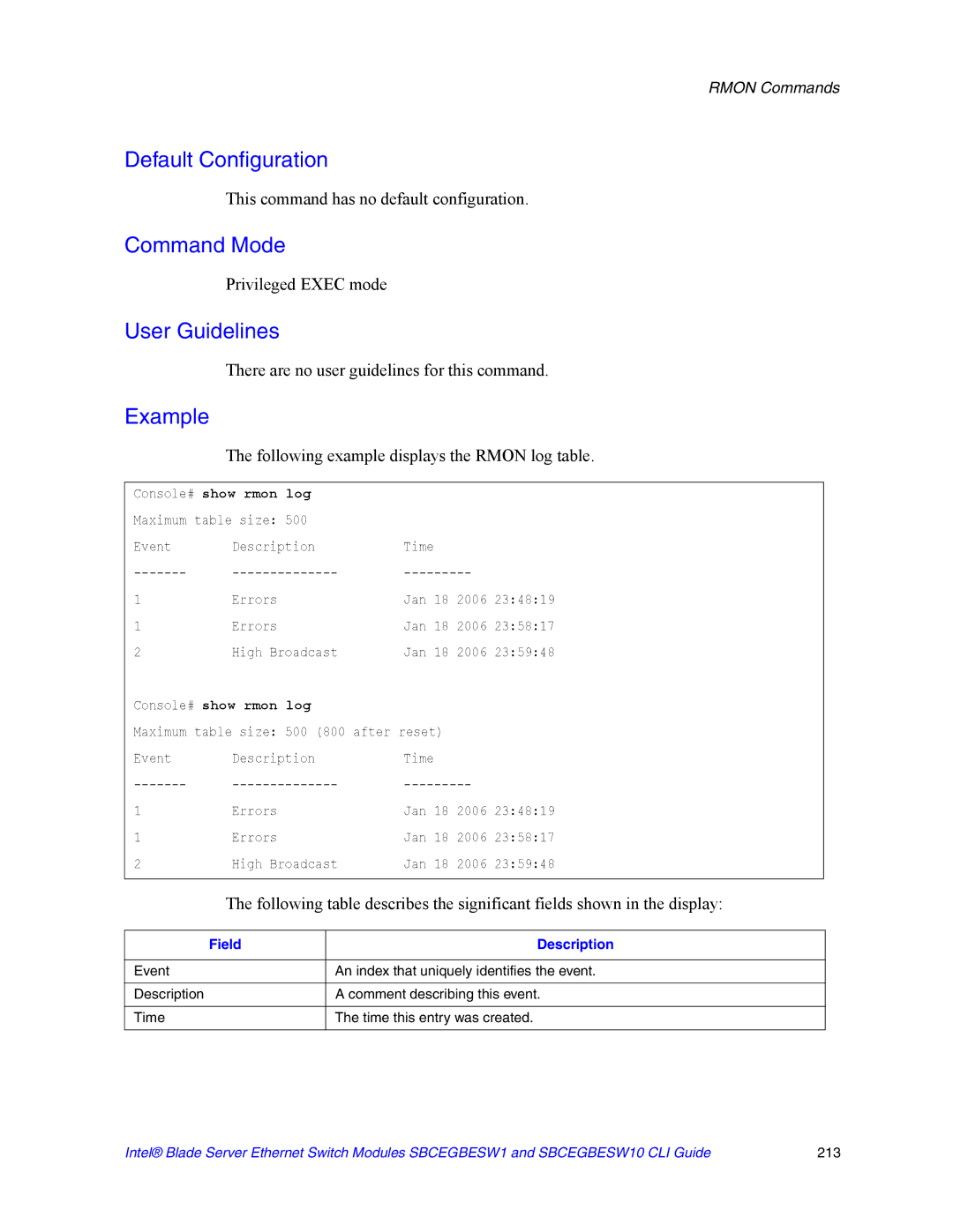 Intel SBCEGBESW10 CLI manual Following example displays the Rmon log table, Console# show rmon log 