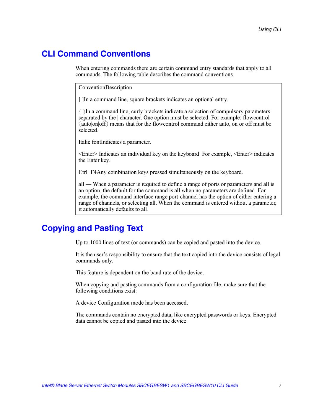 Intel SBCEGBESW10 CLI manual CLI Command Conventions 