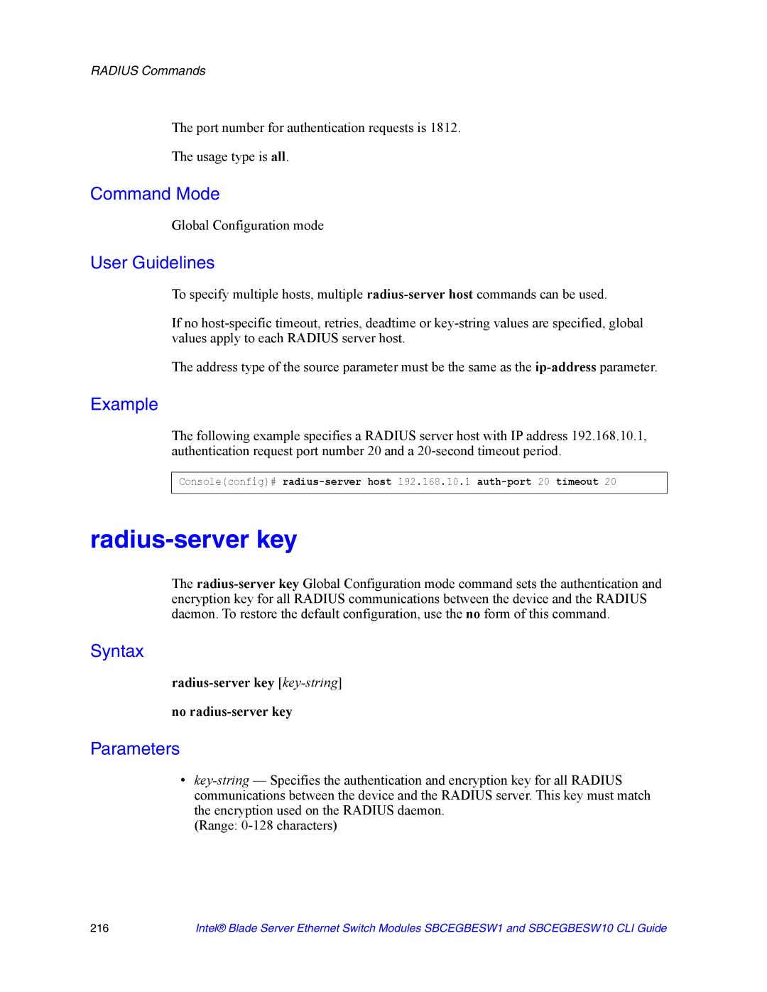 Intel SBCEGBESW10 CLI manual Radius-server key key-string No radius-server key 