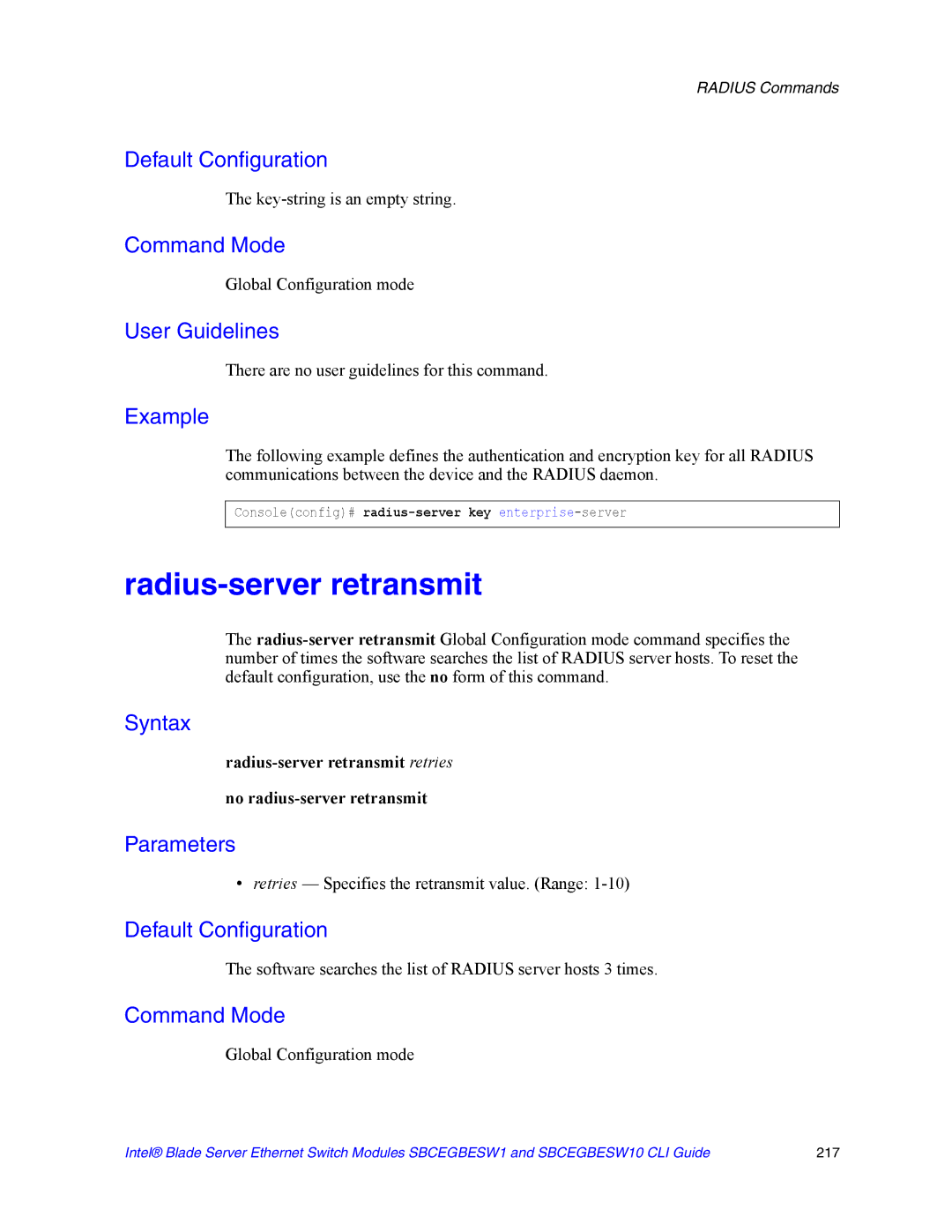 Intel SBCEGBESW10 CLI manual Radius-server retransmit, Key-string is an empty string 