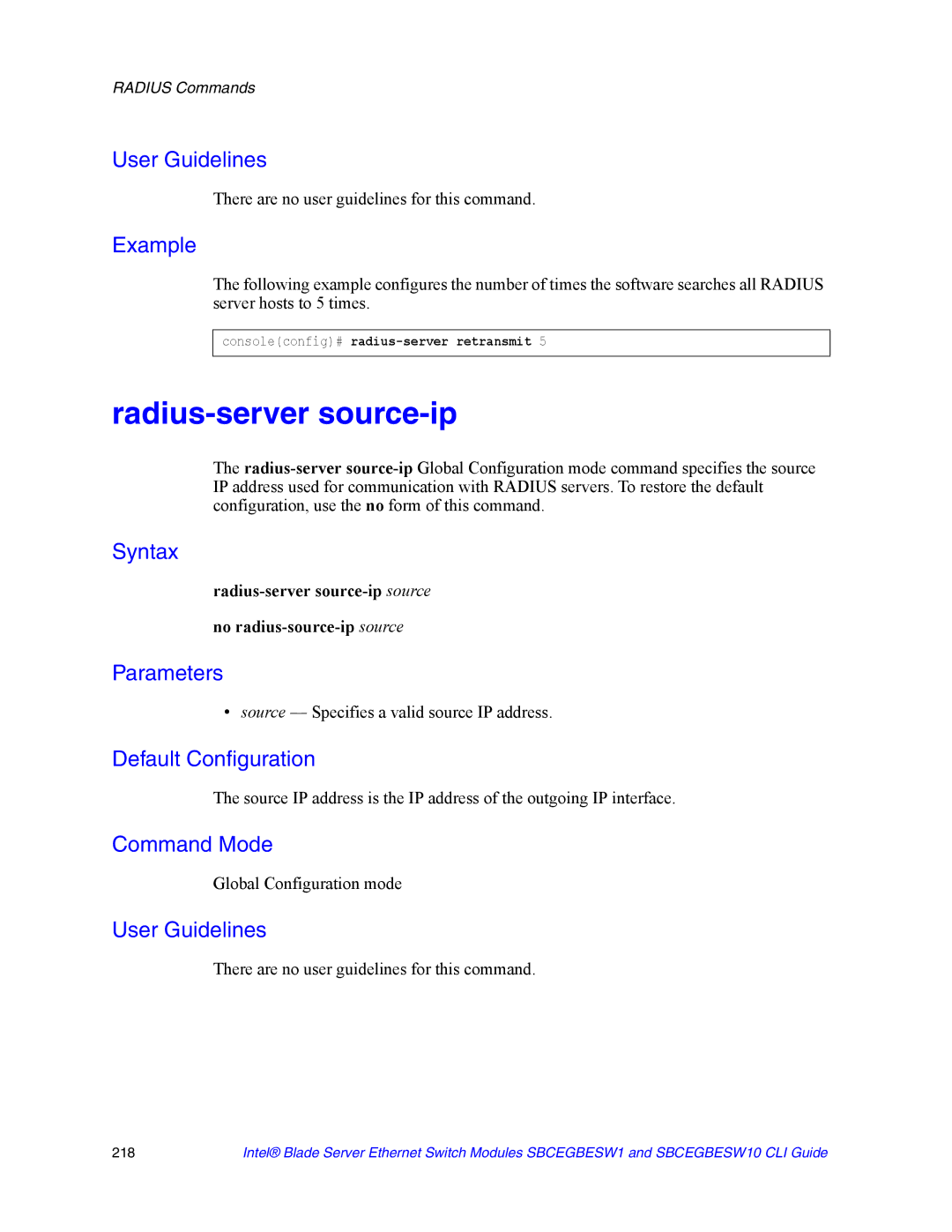 Intel SBCEGBESW10 CLI manual Radius-server source-ip, Source Specifies a valid source IP address 