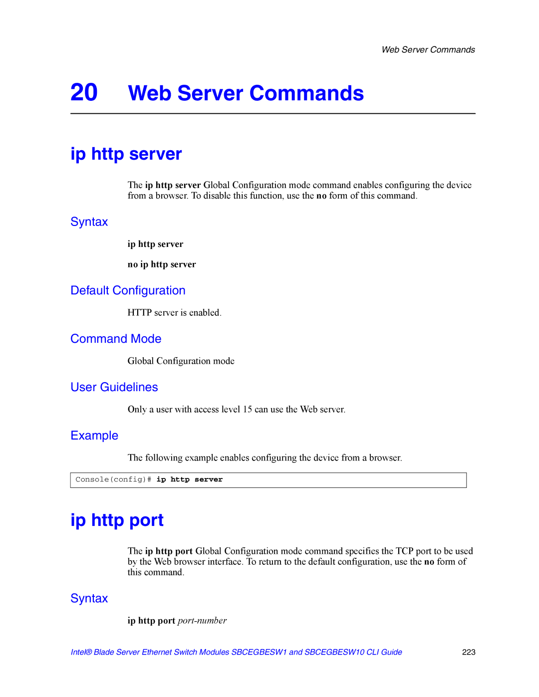 Intel SBCEGBESW10 CLI manual Web Server Commands, Ip http server No ip http server, Ip http port port-number 