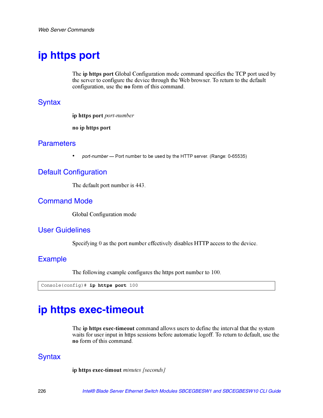 Intel SBCEGBESW10 CLI manual Ip https exec-timeout, Ip https port port-number No ip https port 