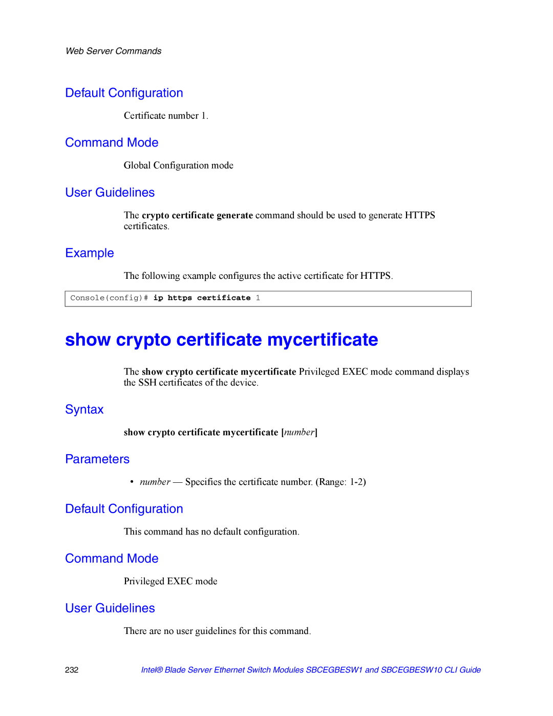 Intel SBCEGBESW1 Certificate number, Show crypto certificate mycertificate number, Consoleconfig# ip https certificate 