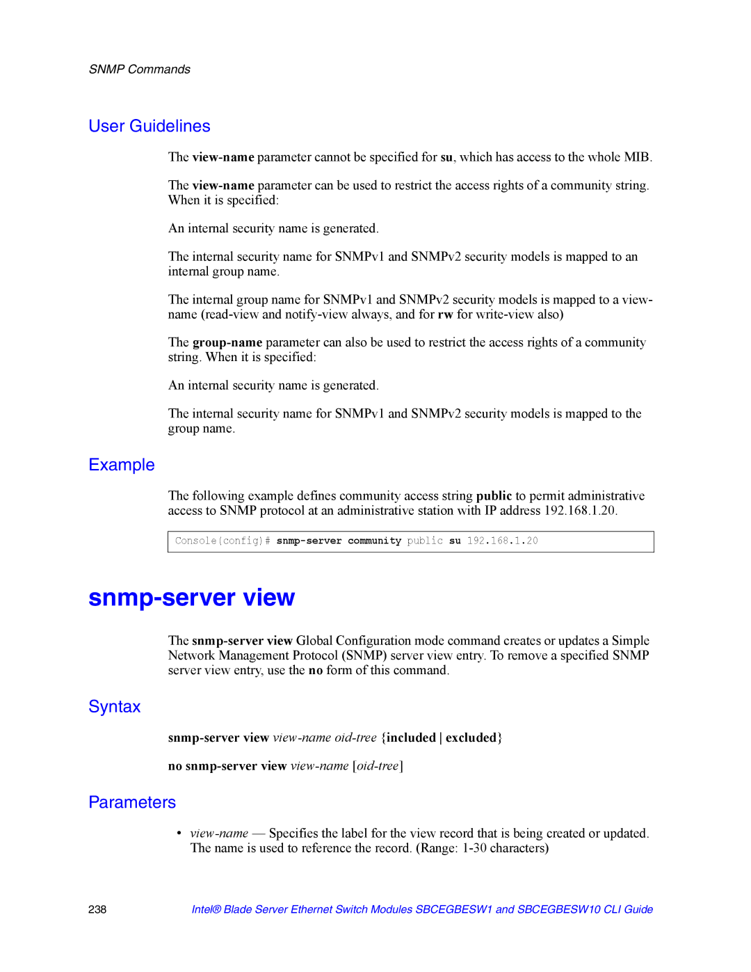 Intel SBCEGBESW10 CLI manual Snmp-server view 