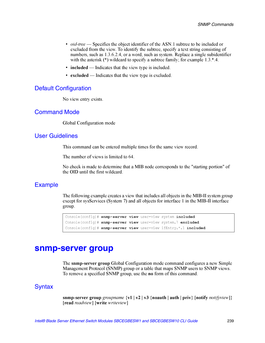 Intel SBCEGBESW10 CLI manual Snmp-server group, No view entry exists 