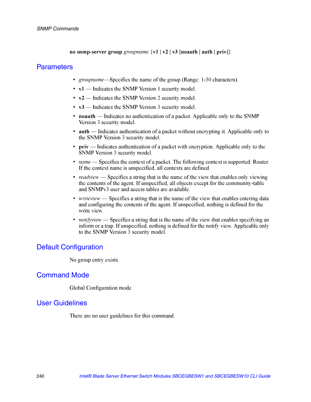 Intel SBCEGBESW10 CLI manual No snmp-server group groupname v1 v2 v3 noauth auth priv, No group entry exists 