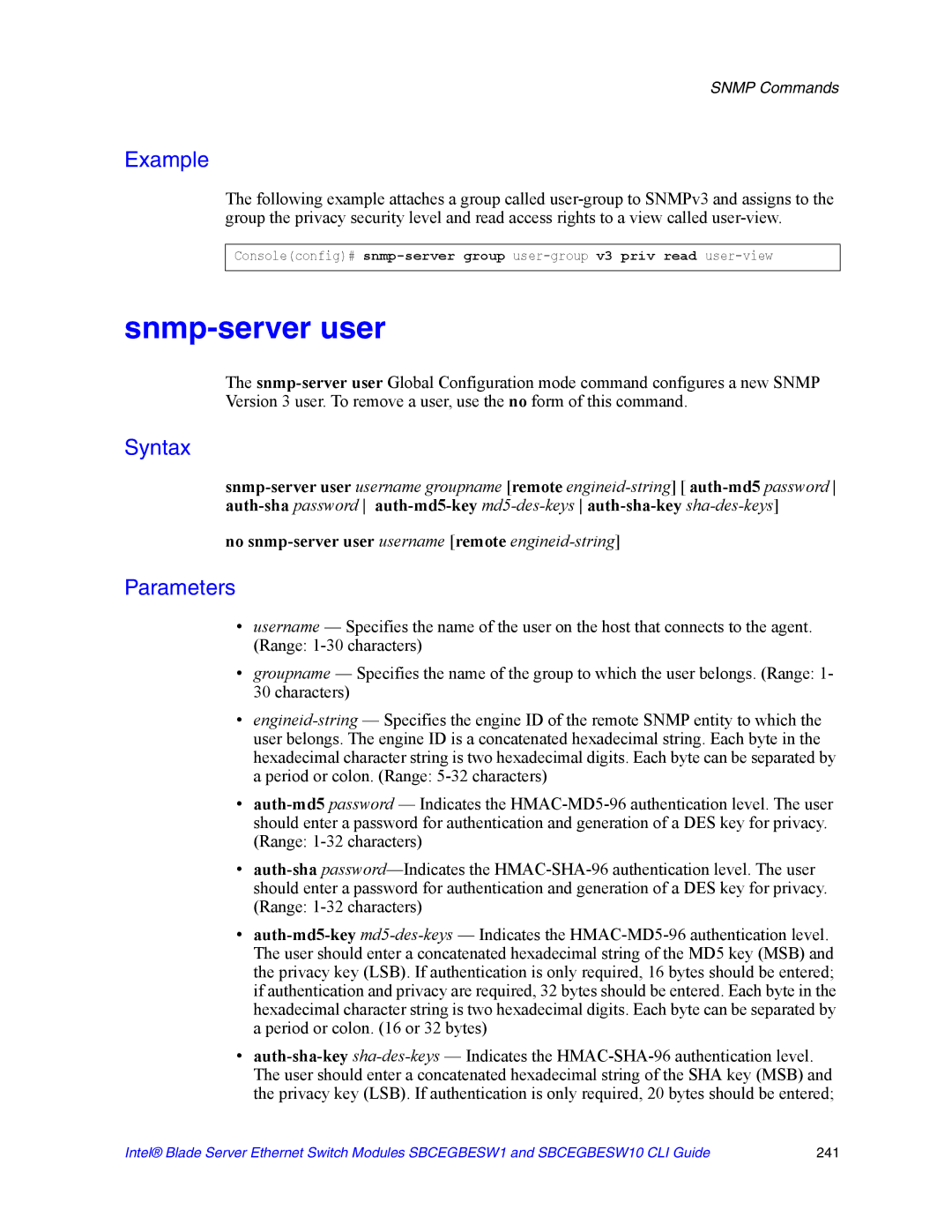 Intel SBCEGBESW10 CLI manual Snmp-server user, No snmp-server user username remote engineid-string 