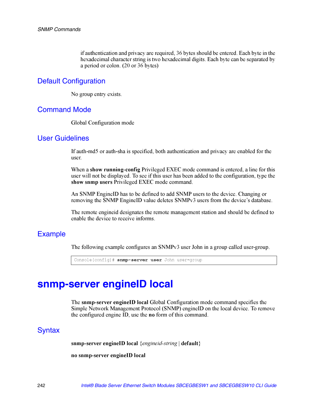 Intel SBCEGBESW10 CLI manual Snmp-server engineID local 