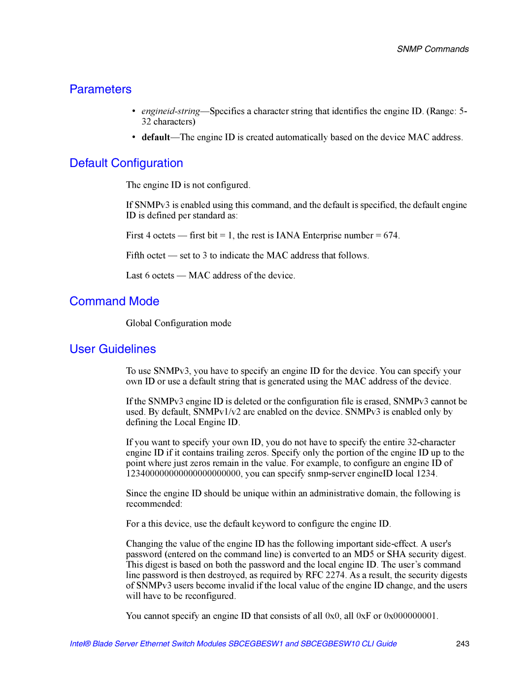 Intel SBCEGBESW10 CLI manual Parameters 