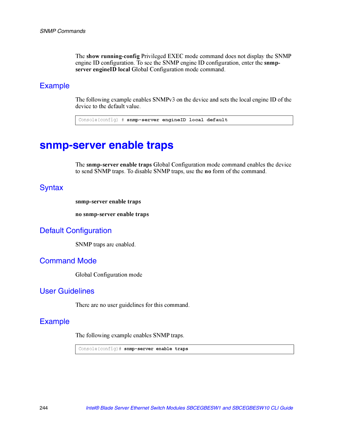 Intel SBCEGBESW10 CLI manual Snmp-server enable traps No snmp-server enable traps, Snmp traps are enabled 