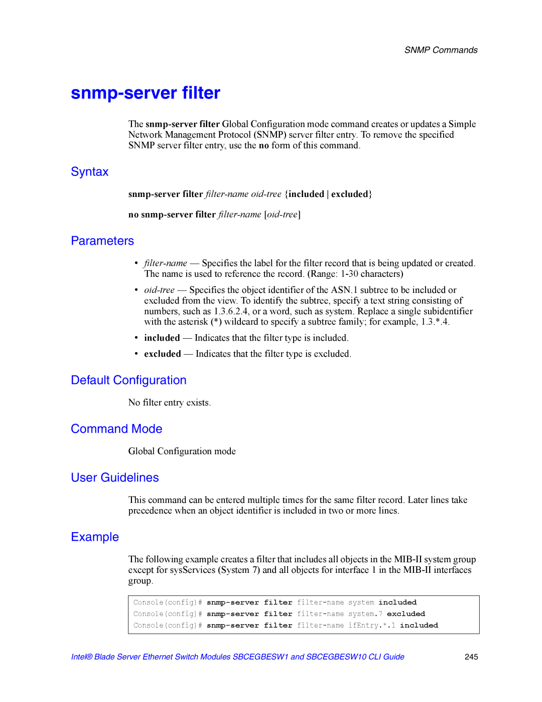 Intel SBCEGBESW10 CLI manual Snmp-server filter, No filter entry exists 