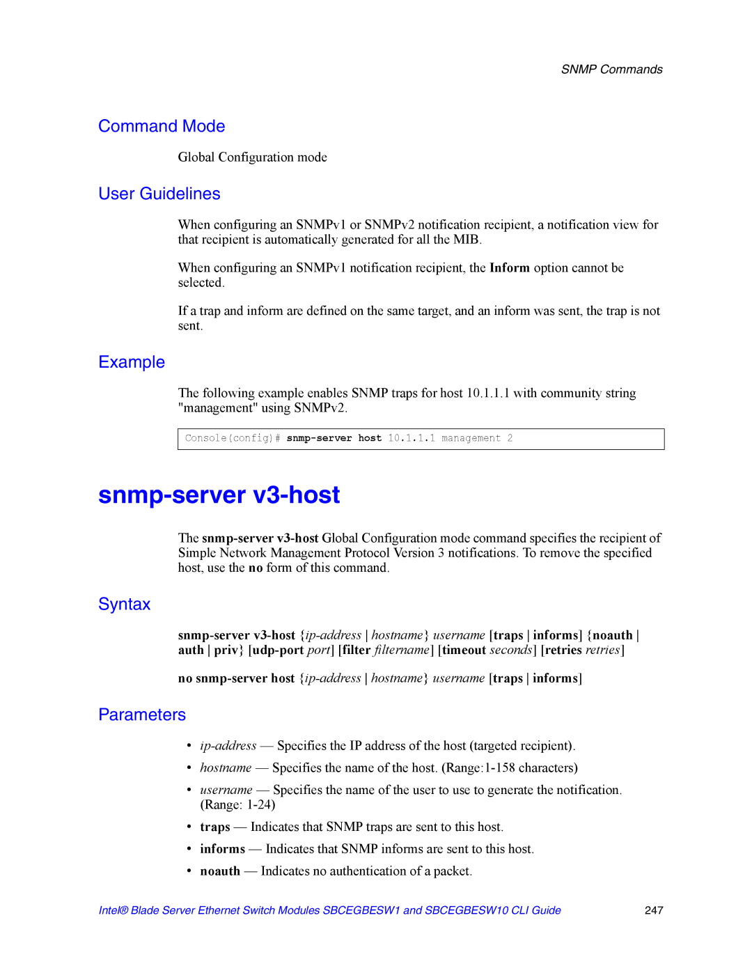 Intel SBCEGBESW10 CLI manual Snmp-server v3-host 