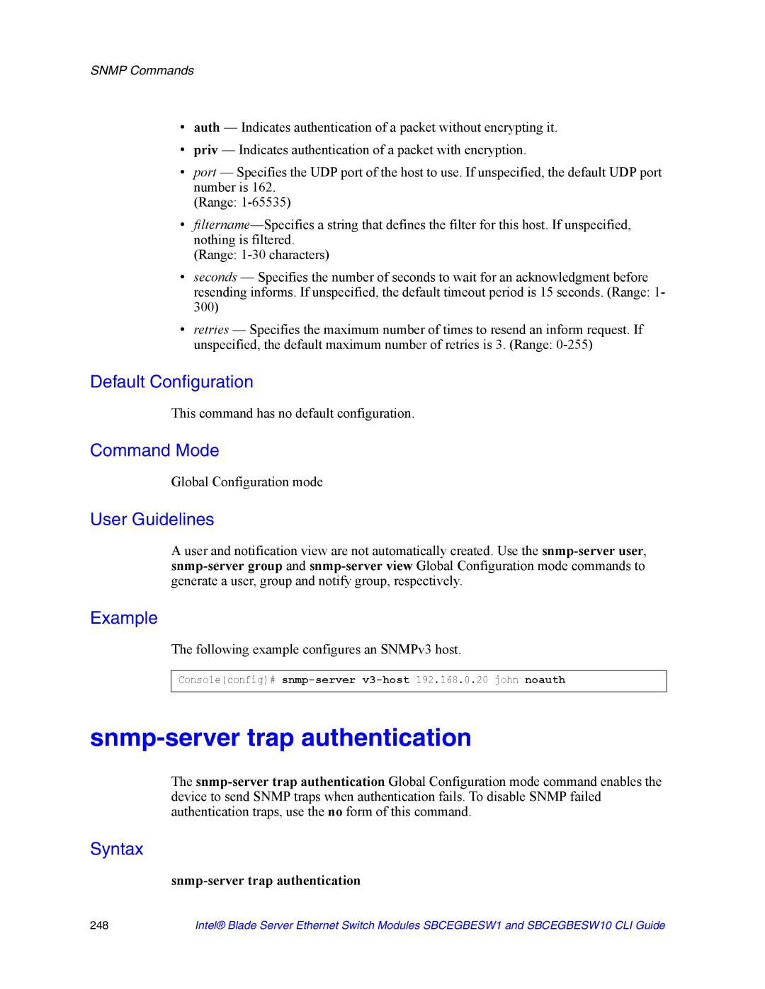 Intel SBCEGBESW10 CLI manual Snmp-server trap authentication, Following example configures an SNMPv3 host 