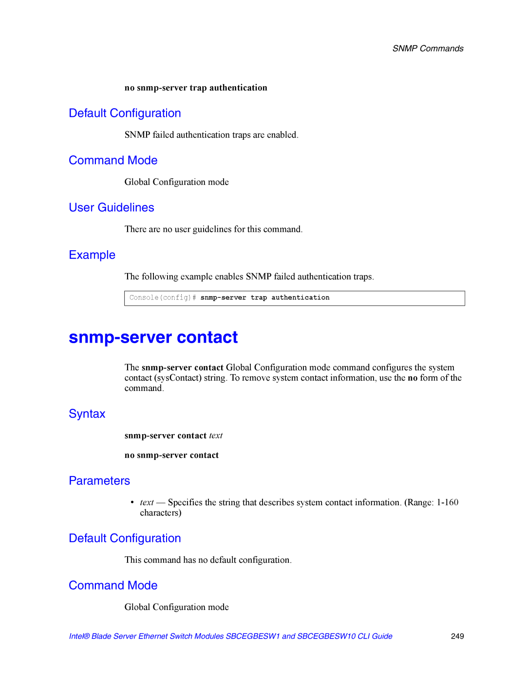 Intel SBCEGBESW10 CLI manual Snmp-server contact, No snmp-server trap authentication 