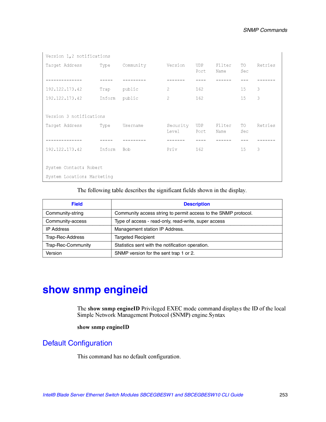 Intel SBCEGBESW10 CLI manual Show snmp engineid, Show snmp engineID 