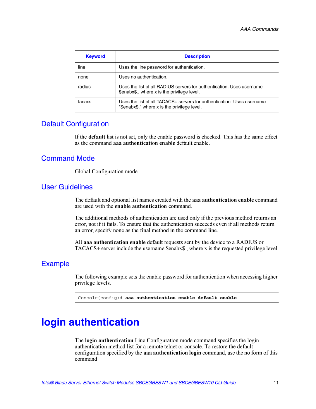 Intel SBCEGBESW10 CLI manual Login authentication, Consoleconfig# aaa authentication enable default enable 