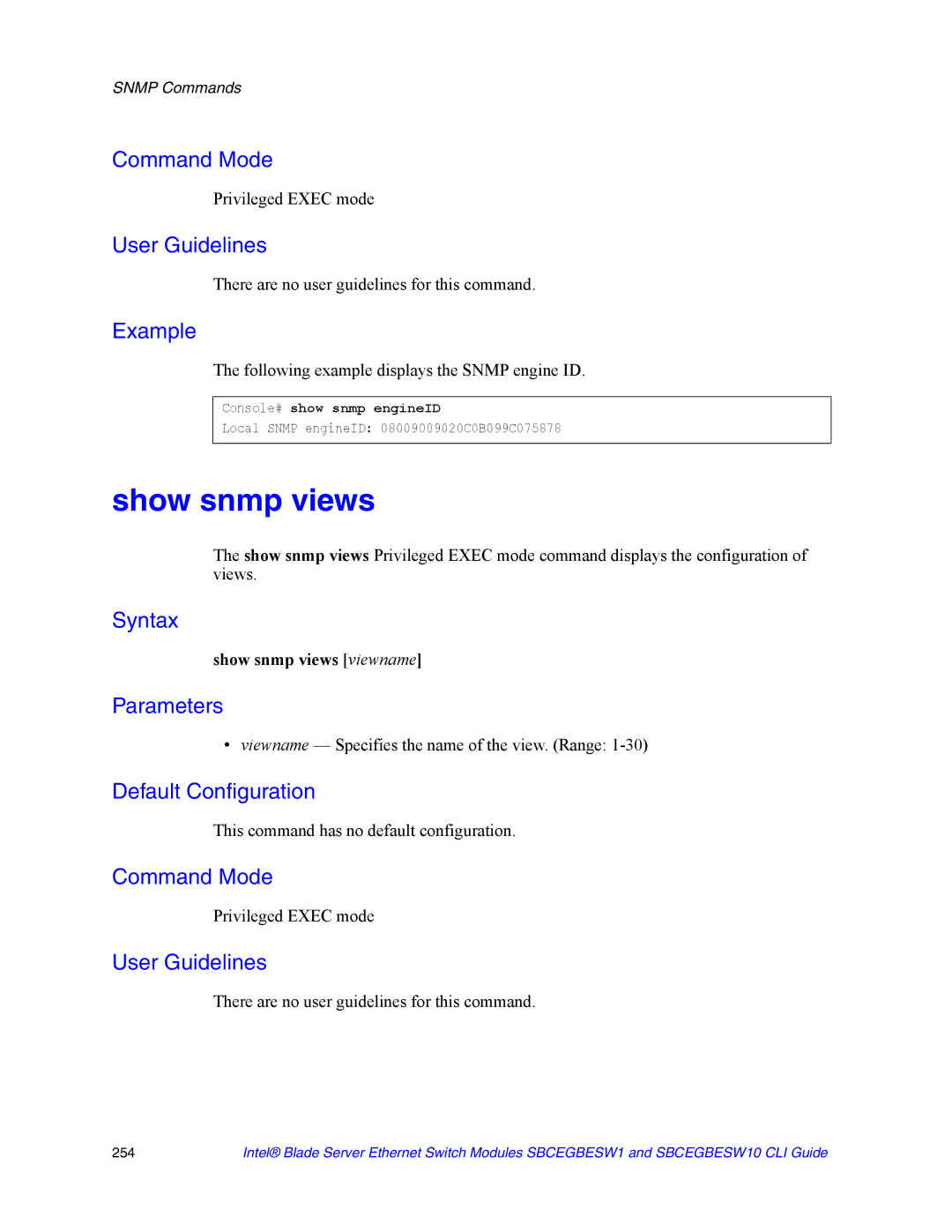 Intel SBCEGBESW1 Following example displays the Snmp engine ID, Show snmp views viewname, Console# show snmp engineID 
