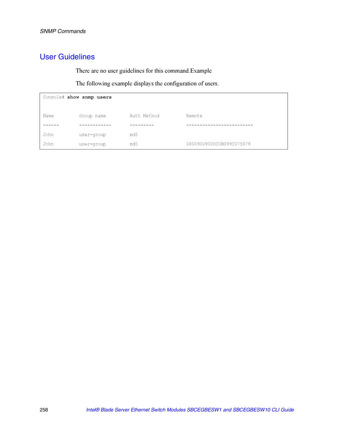 Intel SBCEGBESW10 CLI manual Console# show snmp users 