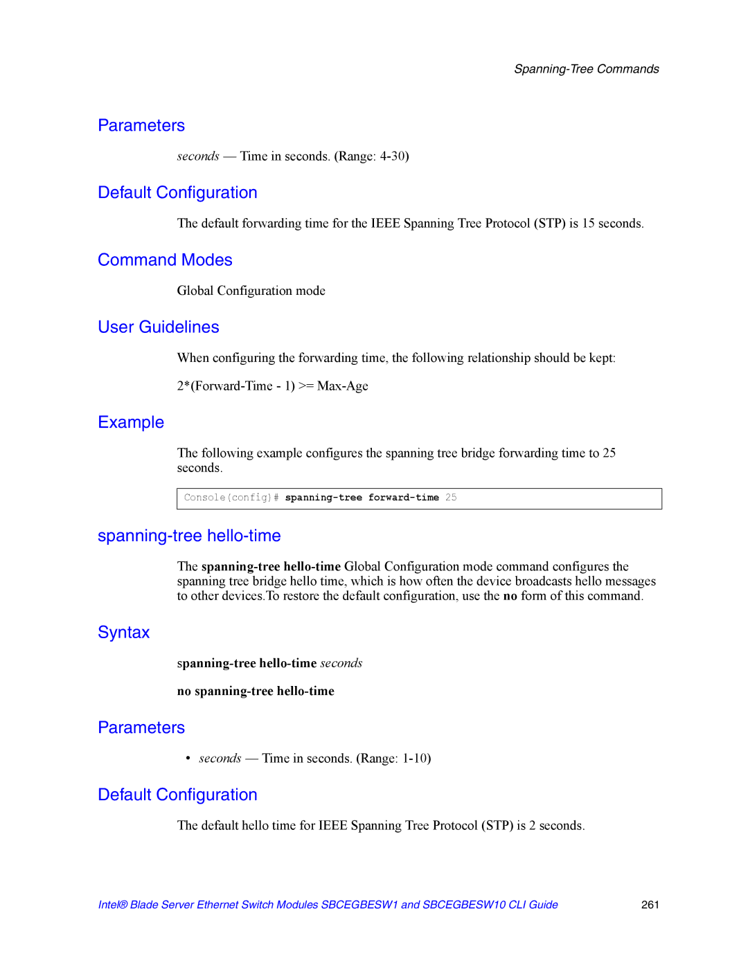 Intel SBCEGBESW10 CLI manual Seconds Time in seconds. Range, Consoleconfig# spanning-tree forward-time 