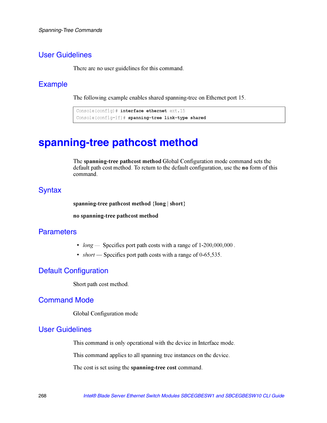 Intel SBCEGBESW1 Spanning-tree pathcost method, Short path cost method, Consoleconfig-if#spanning-tree link-type shared 