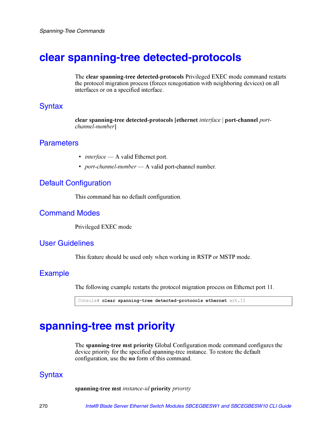 Intel SBCEGBESW10 CLI manual Clear spanning-tree detected-protocols, Spanning-tree mst priority 